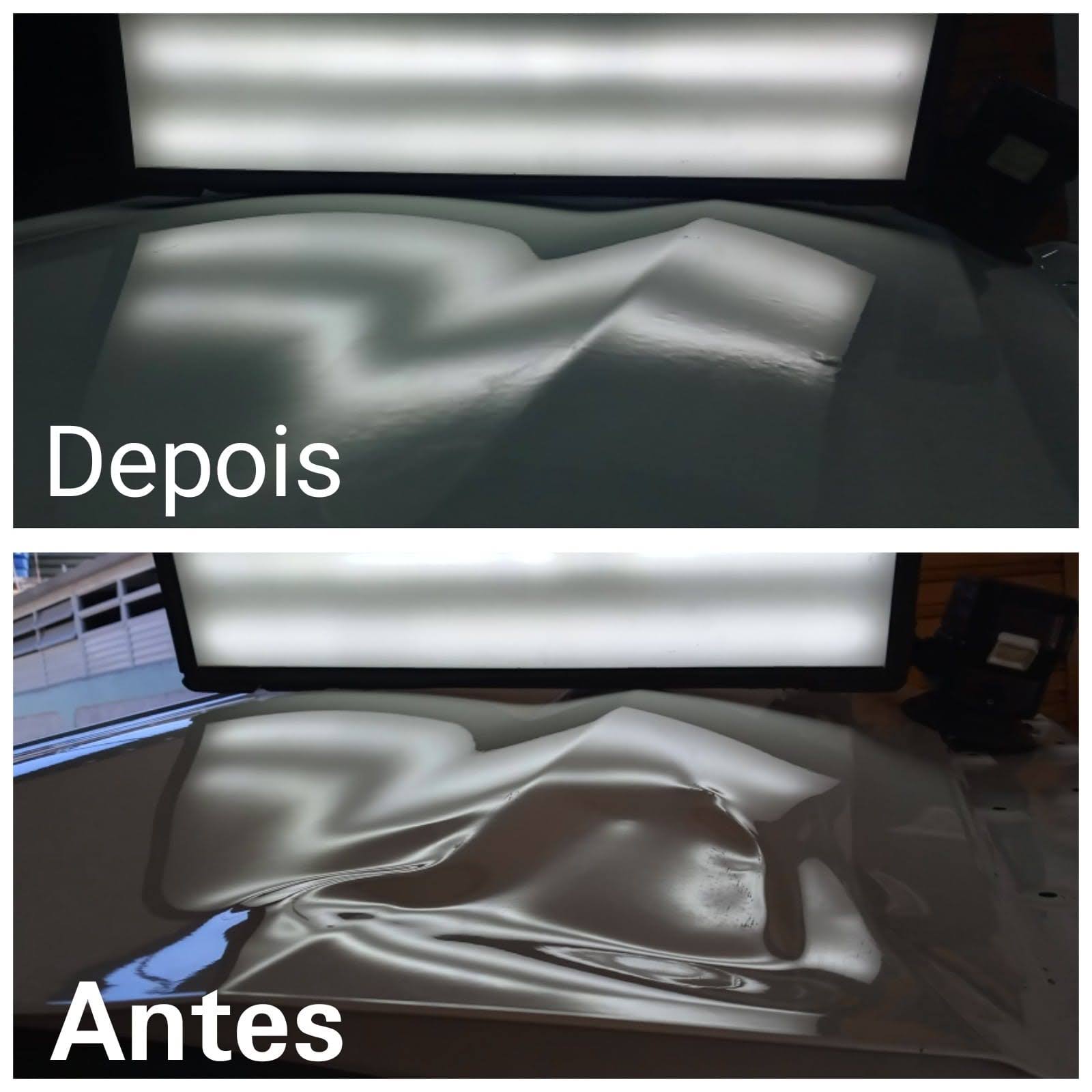 Antes e depois: amassado profundo removido do capô sem repintura