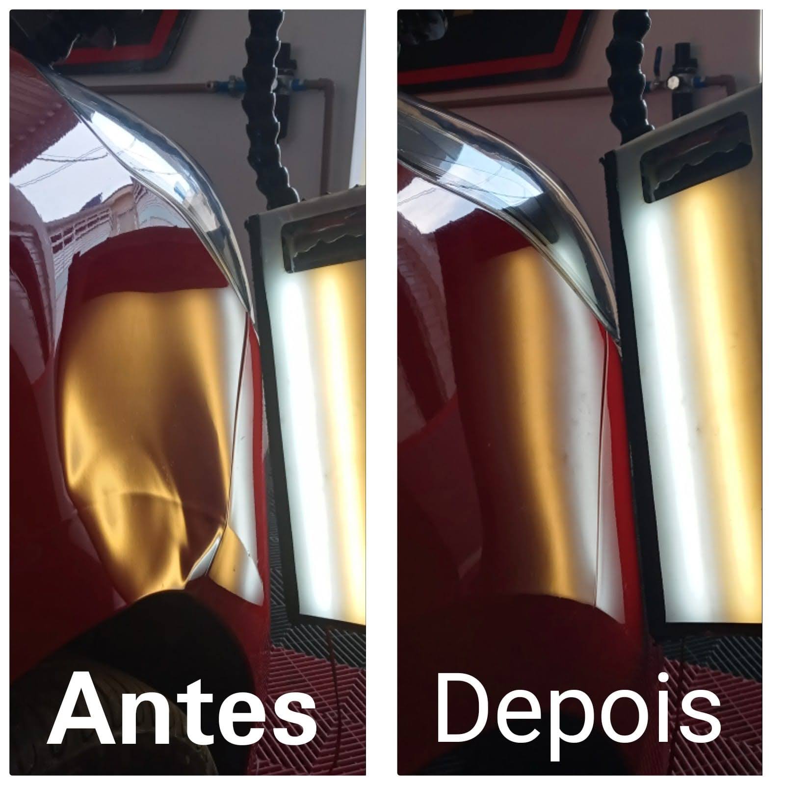 Antes e depois: reparo em lateral vermelha, superfície devolvida ao formato original