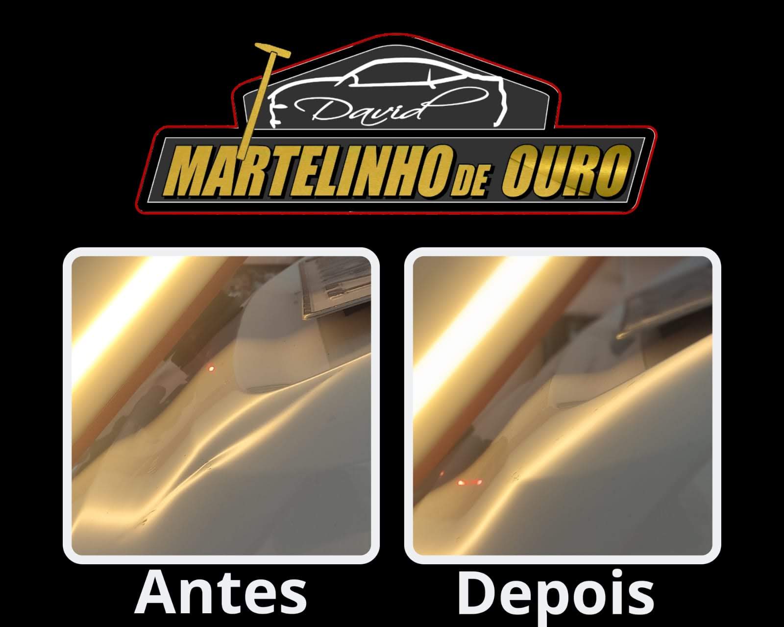 Antes e depois: reparo em capô branco preservando pintura original