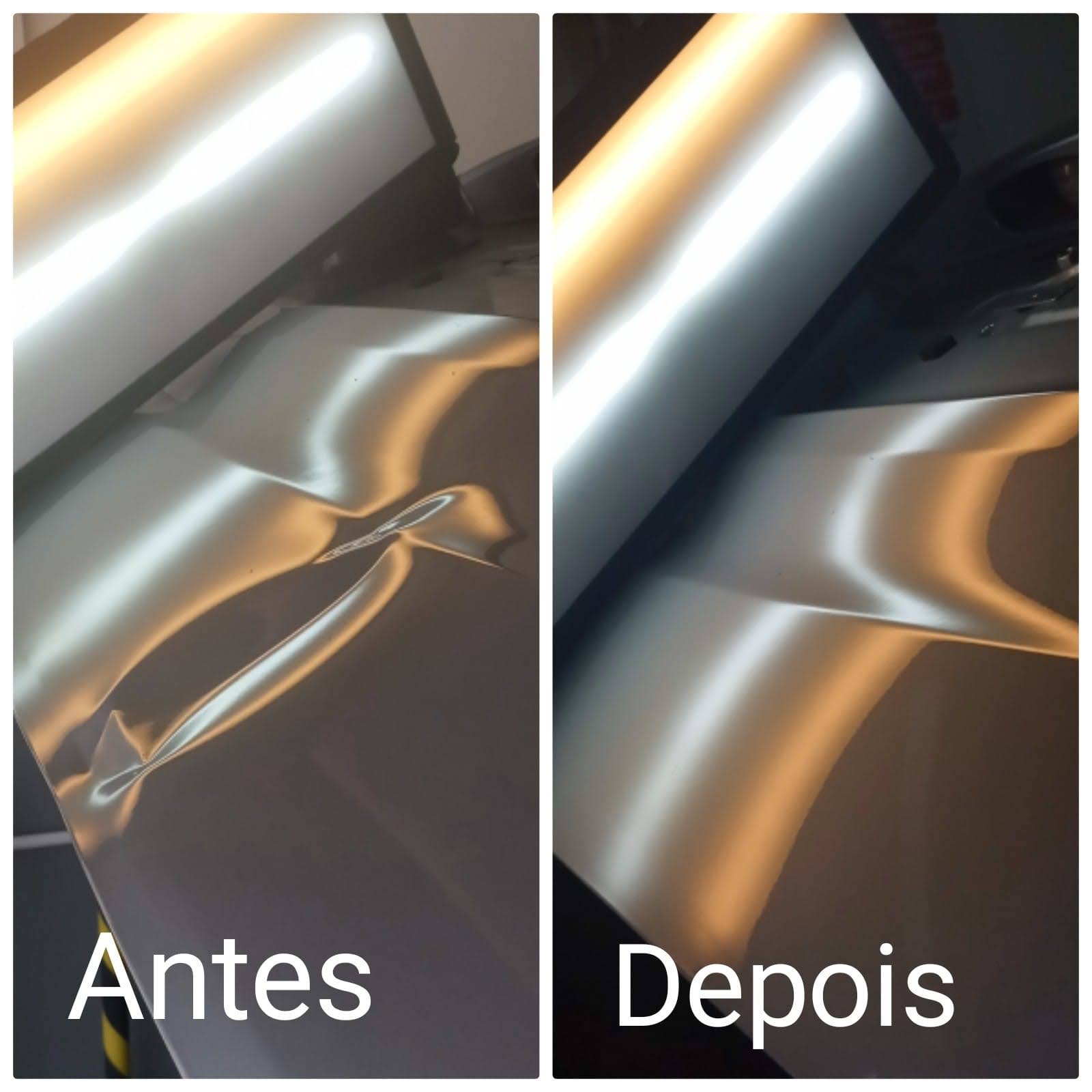 Antes e depois: mossa em capô prata devolvida ao formato original