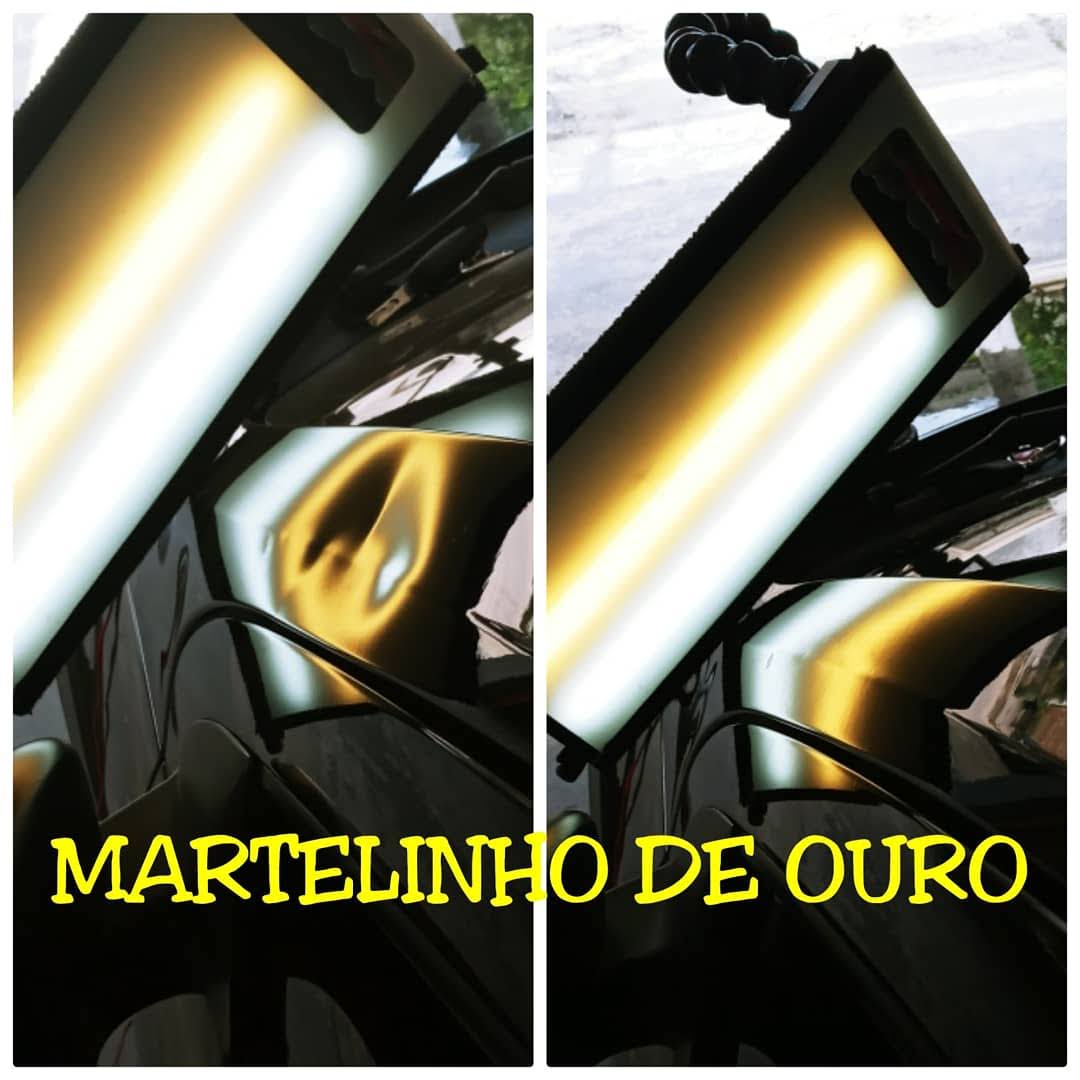 Antes e depois: amassado em capô preto sob painel de luz