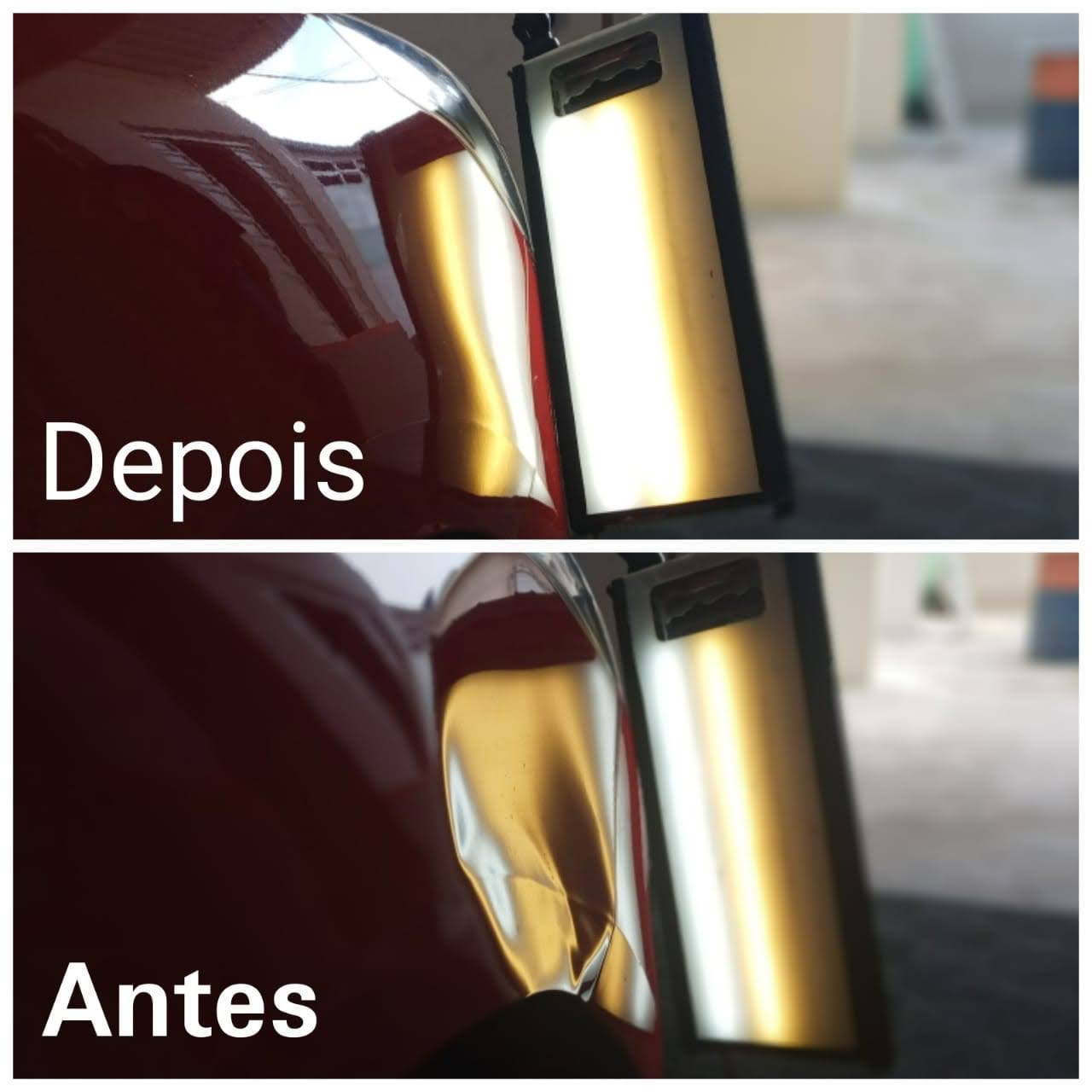 Antes e depois: amassado em porta vermelha corrigido sem repintura