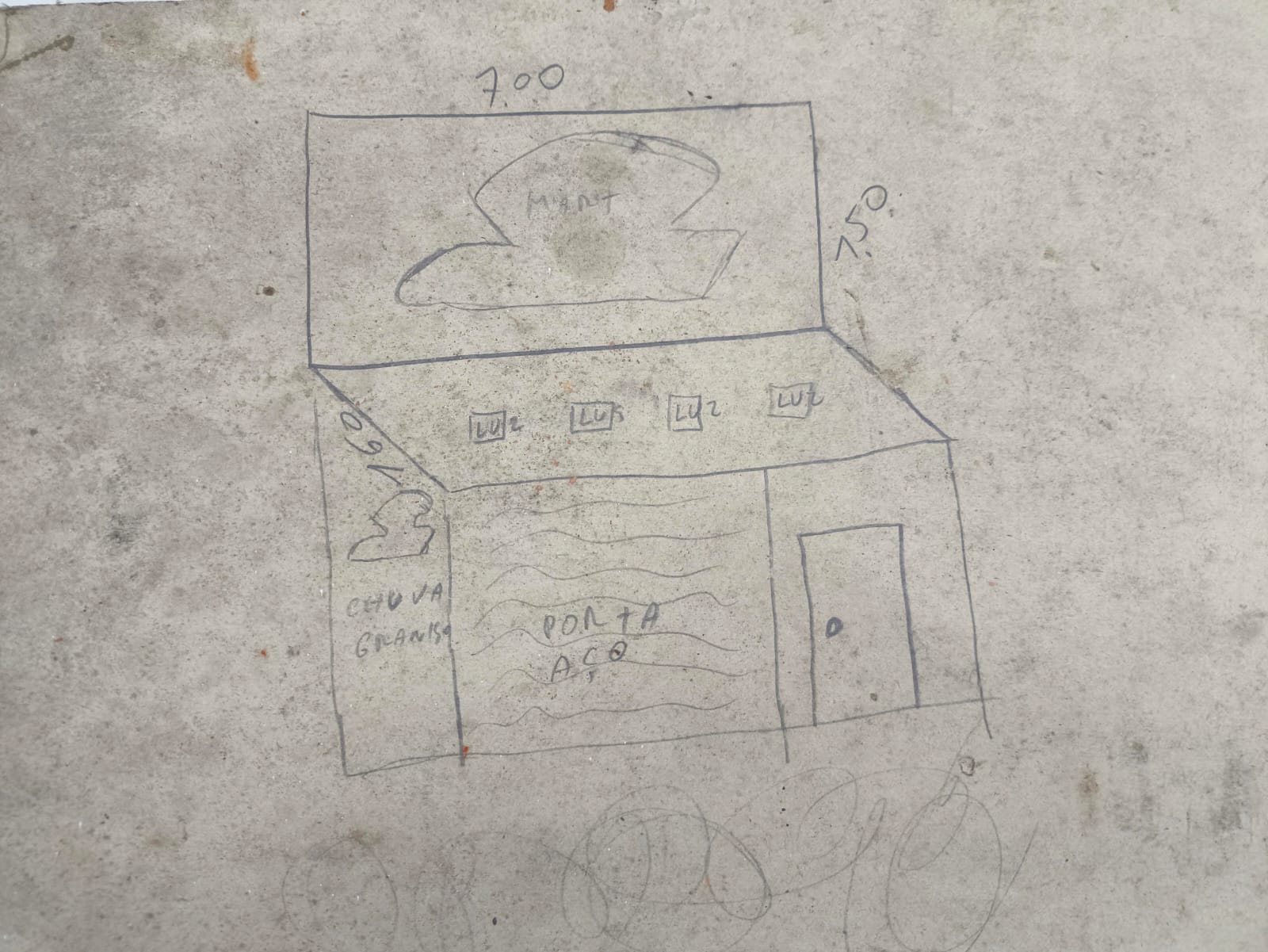 Projeto original da oficina desenhado à mão em cimento — 7m x 7,5m